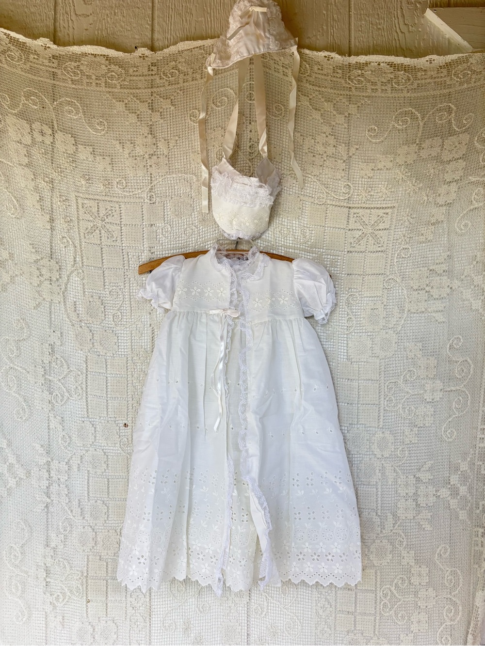 Vintage White Eyelet Christening Gown with Bonnet 5 piece